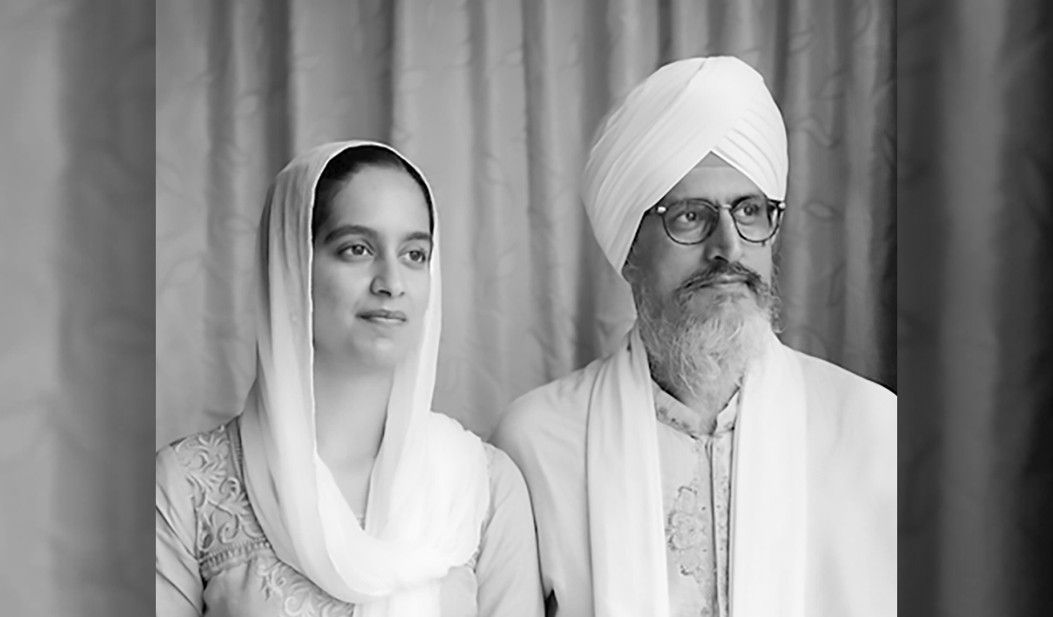 Pristine master studio photograph preserved in the SikhNet Gurbani artist repository, documenting father and daughter in shared devotional seva.